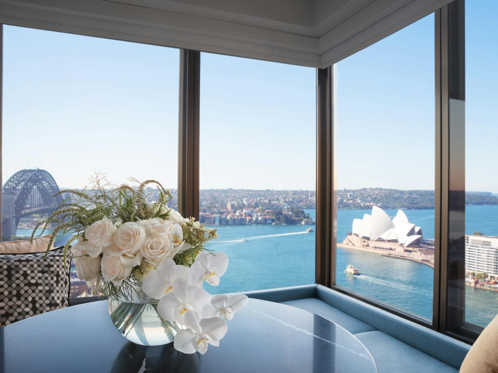 Luxury hotel room with panoramic Sydney Harbour view